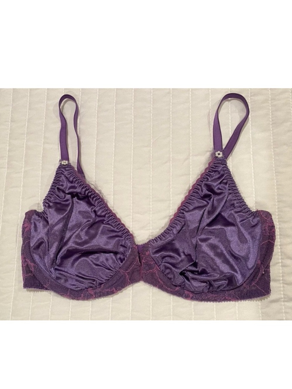 Vintage Christian Dior Purple Bra front close 36C 4301 Second Skin Satin Lace